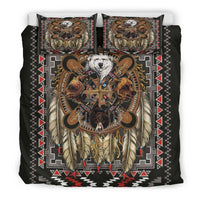 Bedding set front view: black duvet with bear totem, geometric border and feather fringe