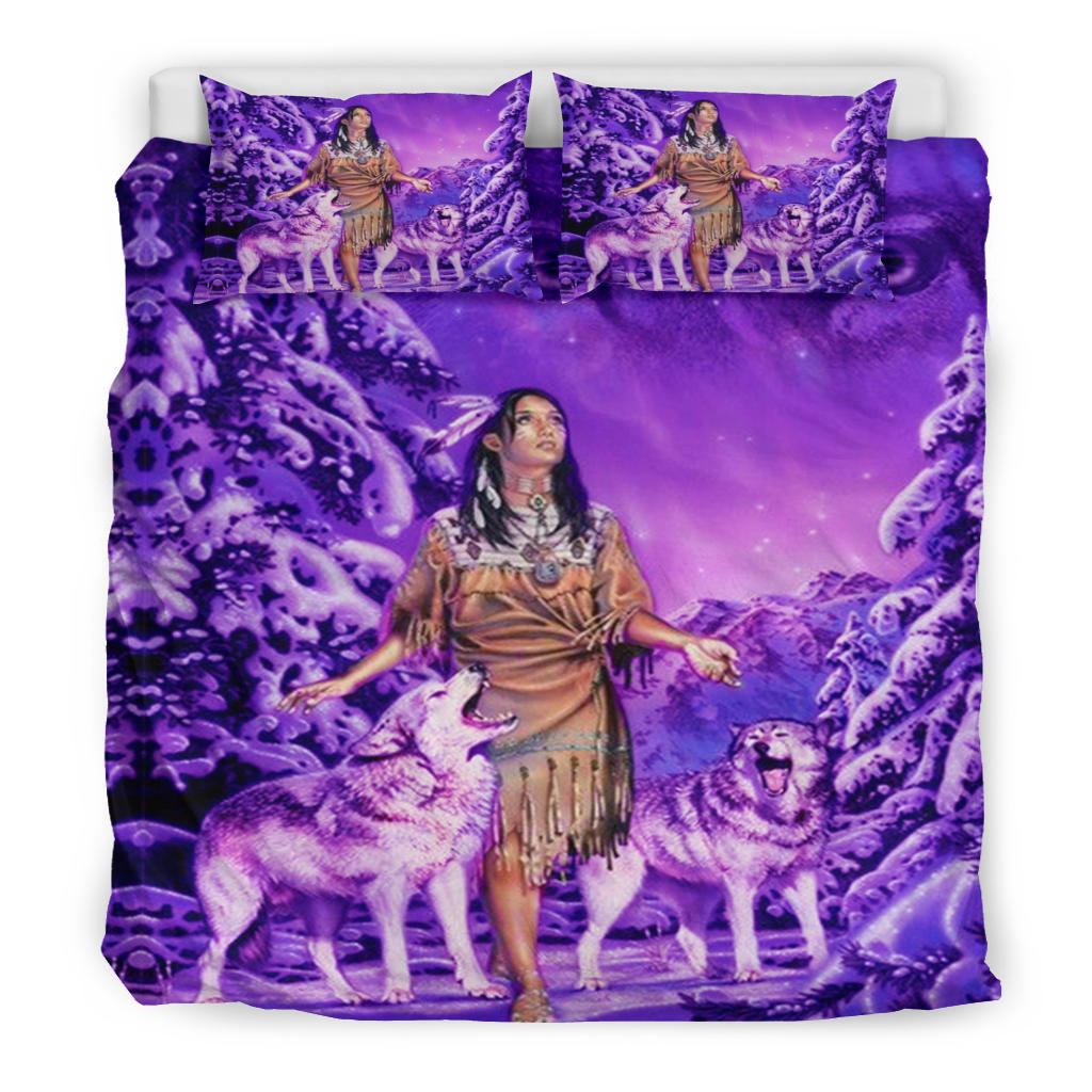 Purple comforter with Native girl and wolves motif, includes two matching pillowcases