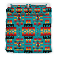 Blue Native Tribes bedding set with multicolor squares, diamonds, and symmetrical motifs