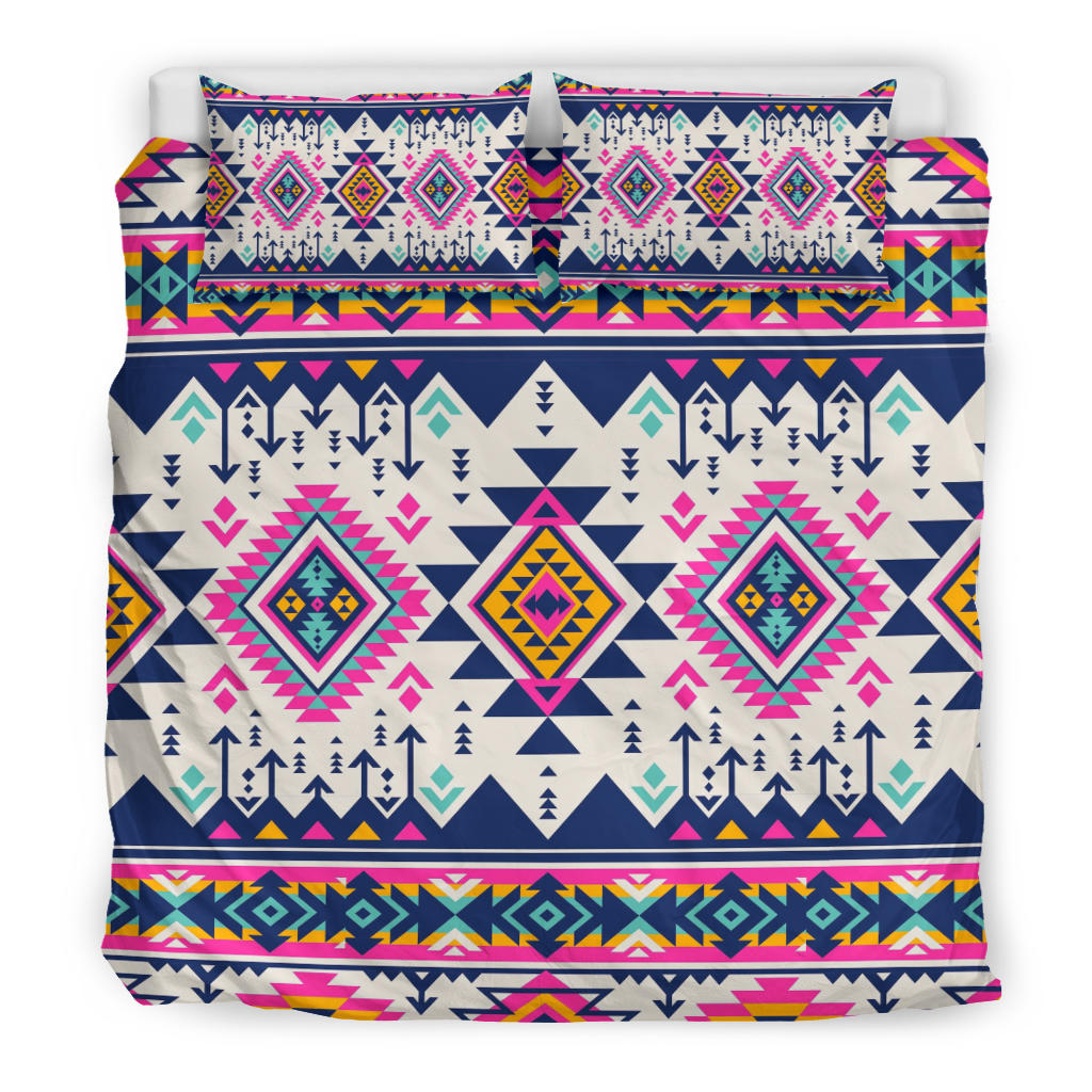 Front view of multicolor Native geometric bedding set with two matching pillow shams, pink