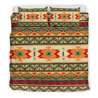 Front view of multicolor geometric bedding set with two pillows