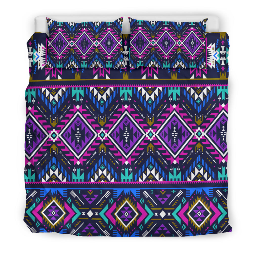 Front view of purple-blue tribal pattern bedding set with diamond motifs and border