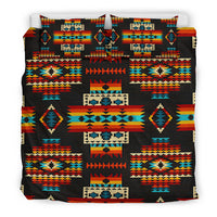 Black duvet cover with multicolor geometric Native American motifs and central medallion