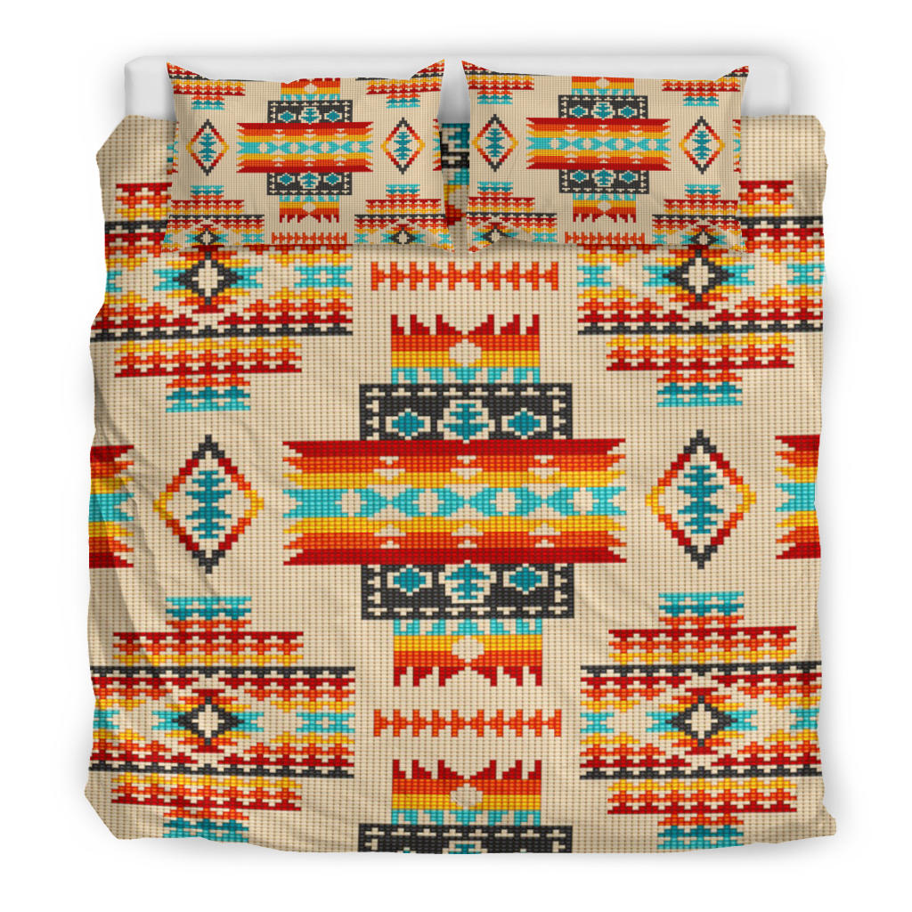Creme Bettwäsche-Set mit buntem Native-American Tribal-Design, Decke mit Kissen