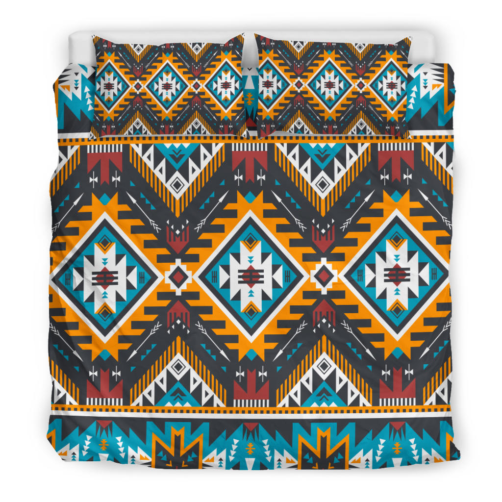 Multicolor geometric bedding set with dark fabric and repeating Native-inspired shapes