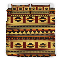 Coordinated bedding set featuring multicolor tribal style stripes and central emblem panels