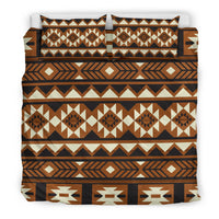 Brown tribal bedding set with repeating diamond pattern and two coordinated pillows