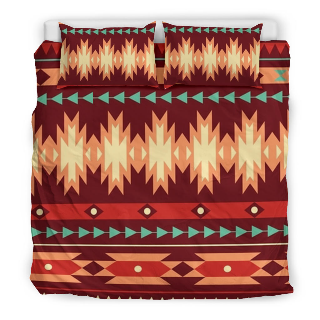 Red tribal bedding set with two pillowcases, multicolor chevrons and diamond border accents