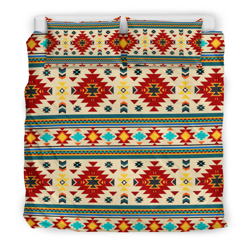 Multicolor southwest geometric bedding set shown flat with two pillow shams