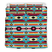 Bedding set with blue/red multicolor geometric motifs and tribal stripe bands on comforter