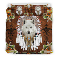 Bedding set duvet cover featuring centered white wolf with feathered headdress, brown ground
