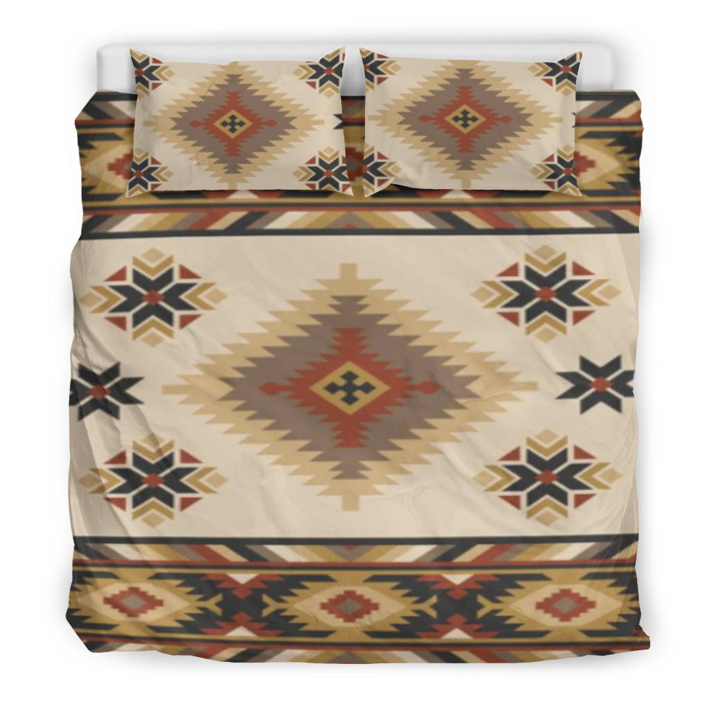 Native American pattern duvet and two pillowcases, beige with diamond and star motifs