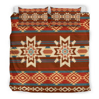 Red geometric bedding set with two matching pillow covers and bold star patterns