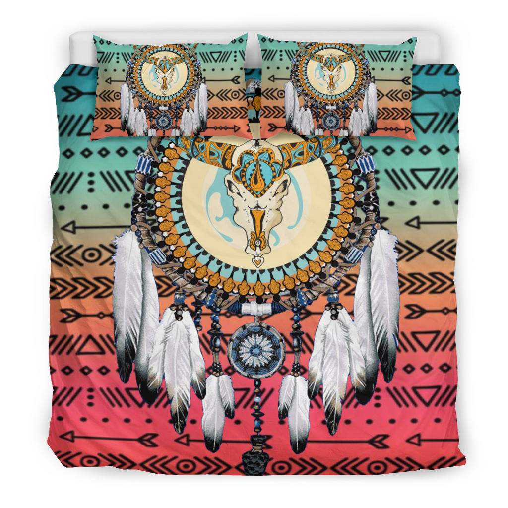 Full bedding set view with two matching pillows and central dreamcatcher with feather tassels