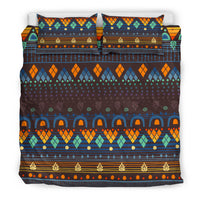 Comforter with native geometric border and brown center panel, multicolor blue orange teal design