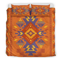 Orange duvet cover with blue, purple, and yellow geometric diamond pattern plus two pillowcases