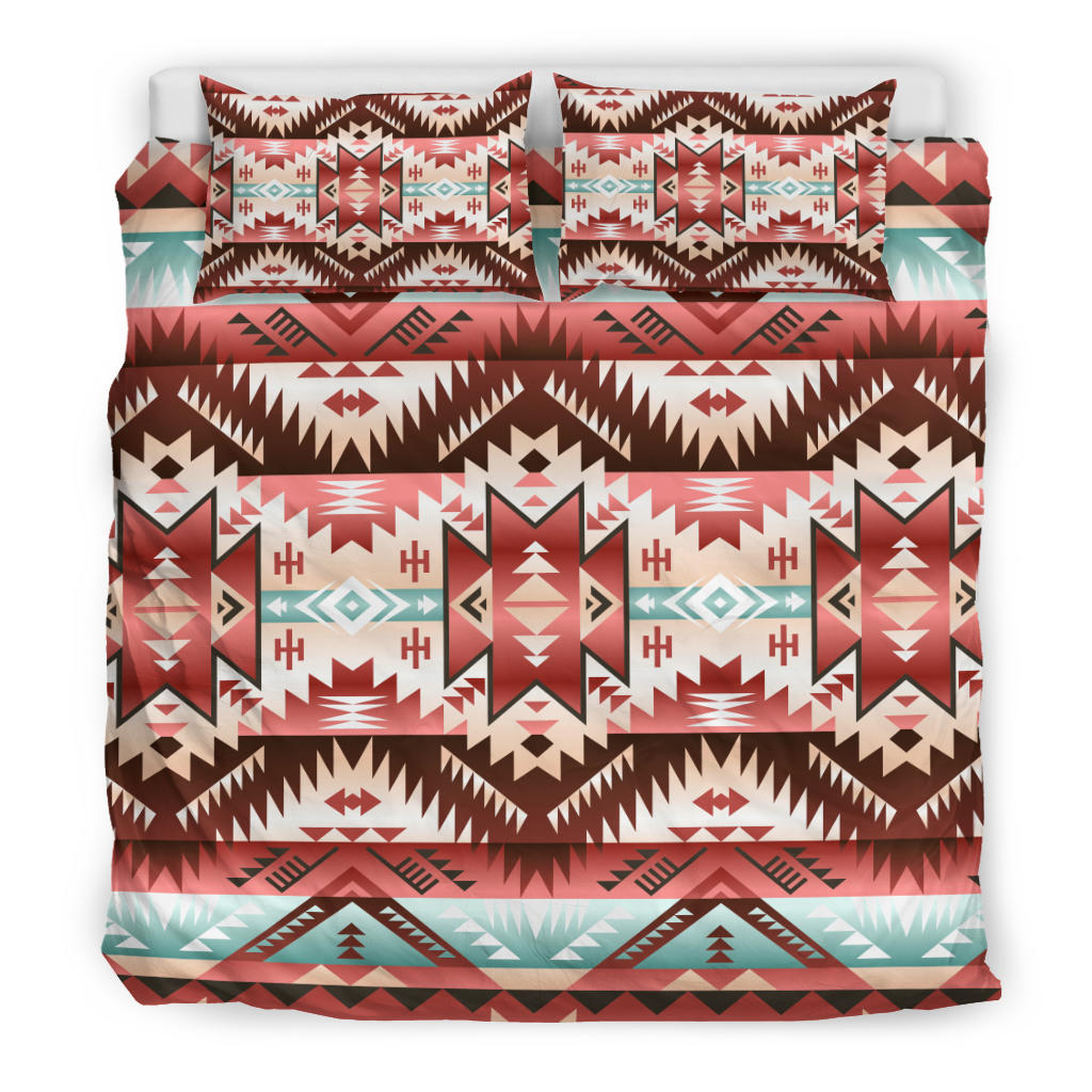 Geometric tribal Native American bedding set with red center medallion and matching shams