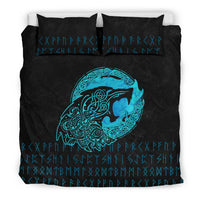 Black bedding set with cyan Viking wolf graphic and matching pattern pillows