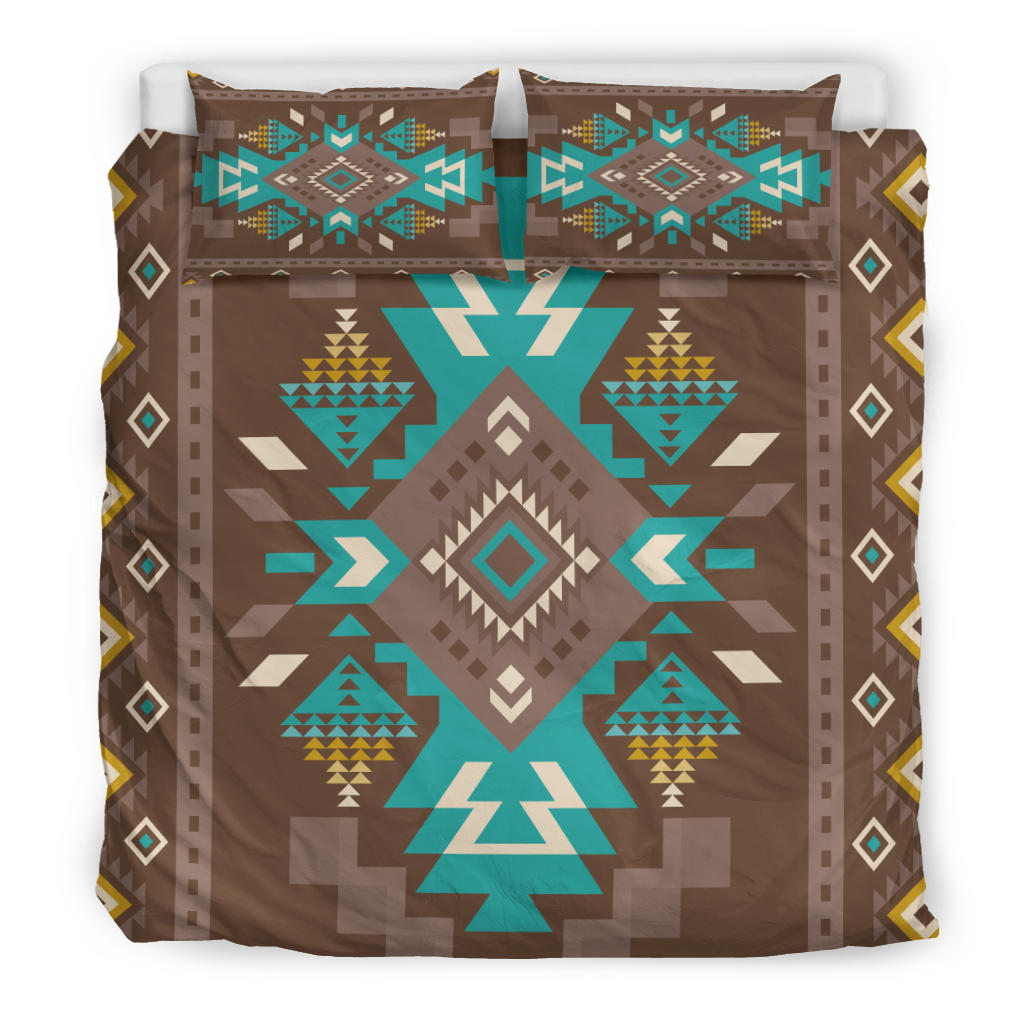 Full bedding set: brown base with teal diamond center and multicolor geometric accents