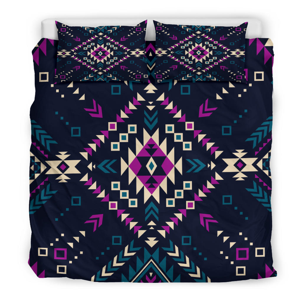 Dark tribal bedding set comforter with multicolor symmetrical diamond pattern and matching shams