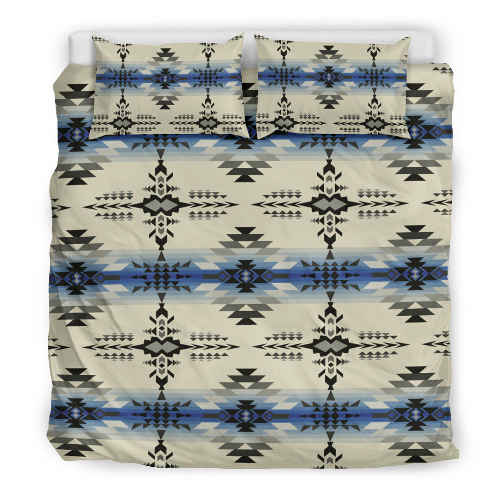 Native-style geometric bedding set, cream with black and blue aztec pattern; 2 pillowcases