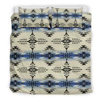 Native-style geometric bedding set, cream with black and blue aztec pattern; 2 pillowcases