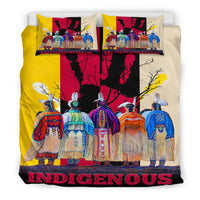 Bedding set duvet and two pillows with yellow panel, red silhouettes, and colorful people artwork