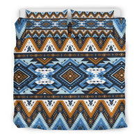 Tribal geometric bedding set with matching pillow shams, blue and orange diamond motifs