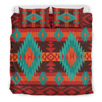 Front view of multicolor geometric duvet bedding set with two patterned pillows
