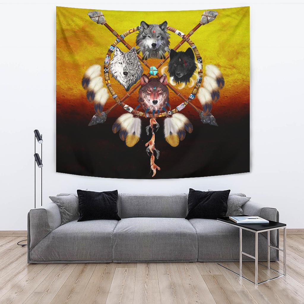 Wolf warriors Native American pride tapestry, central circle of four wolves with feathers