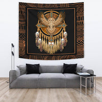 Hanging dreamcatcher tapestry, golden owl design with beaded details and fringe feathers