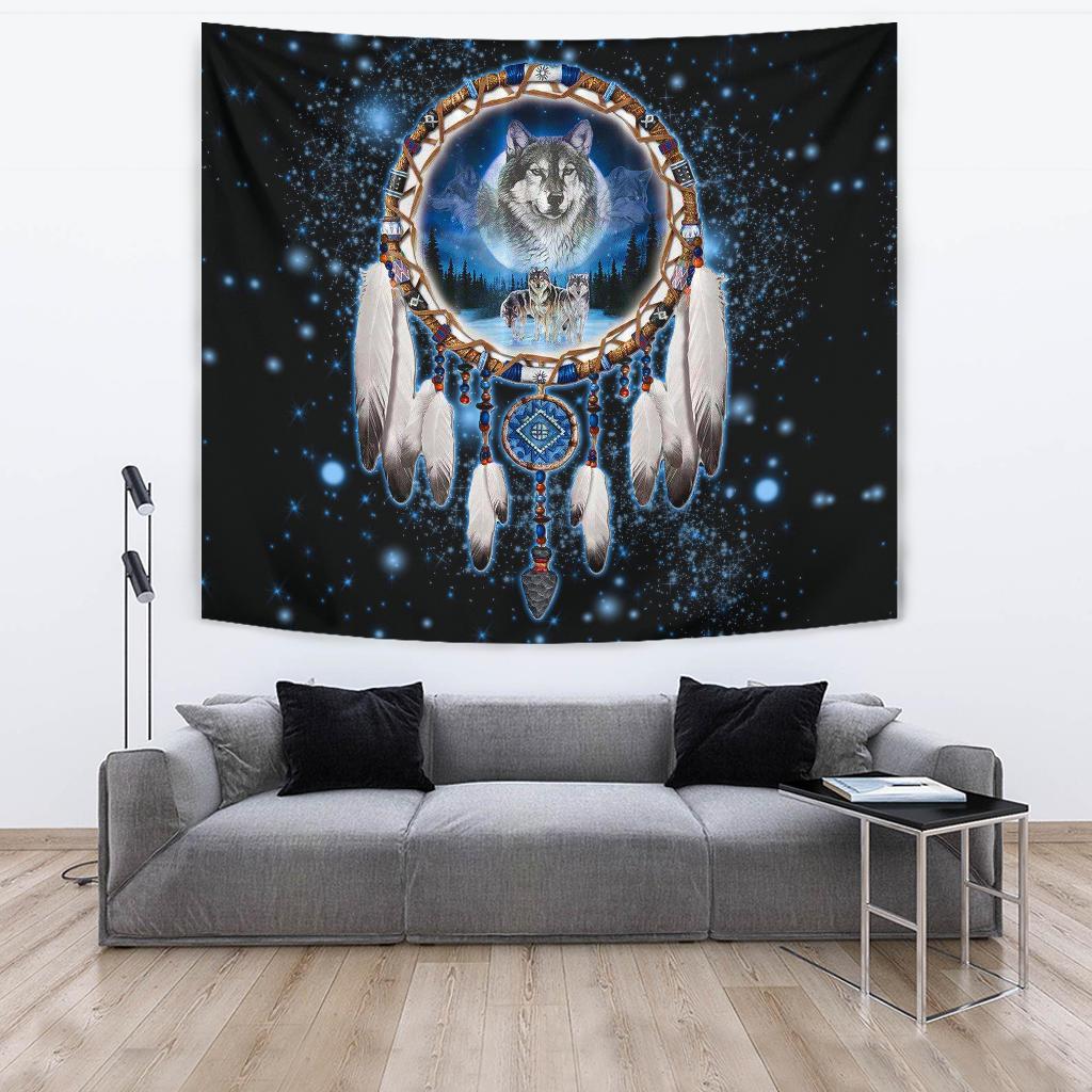 Wolf dreamcatcher tapestry with galaxy stars, blue center and hanging white feathers