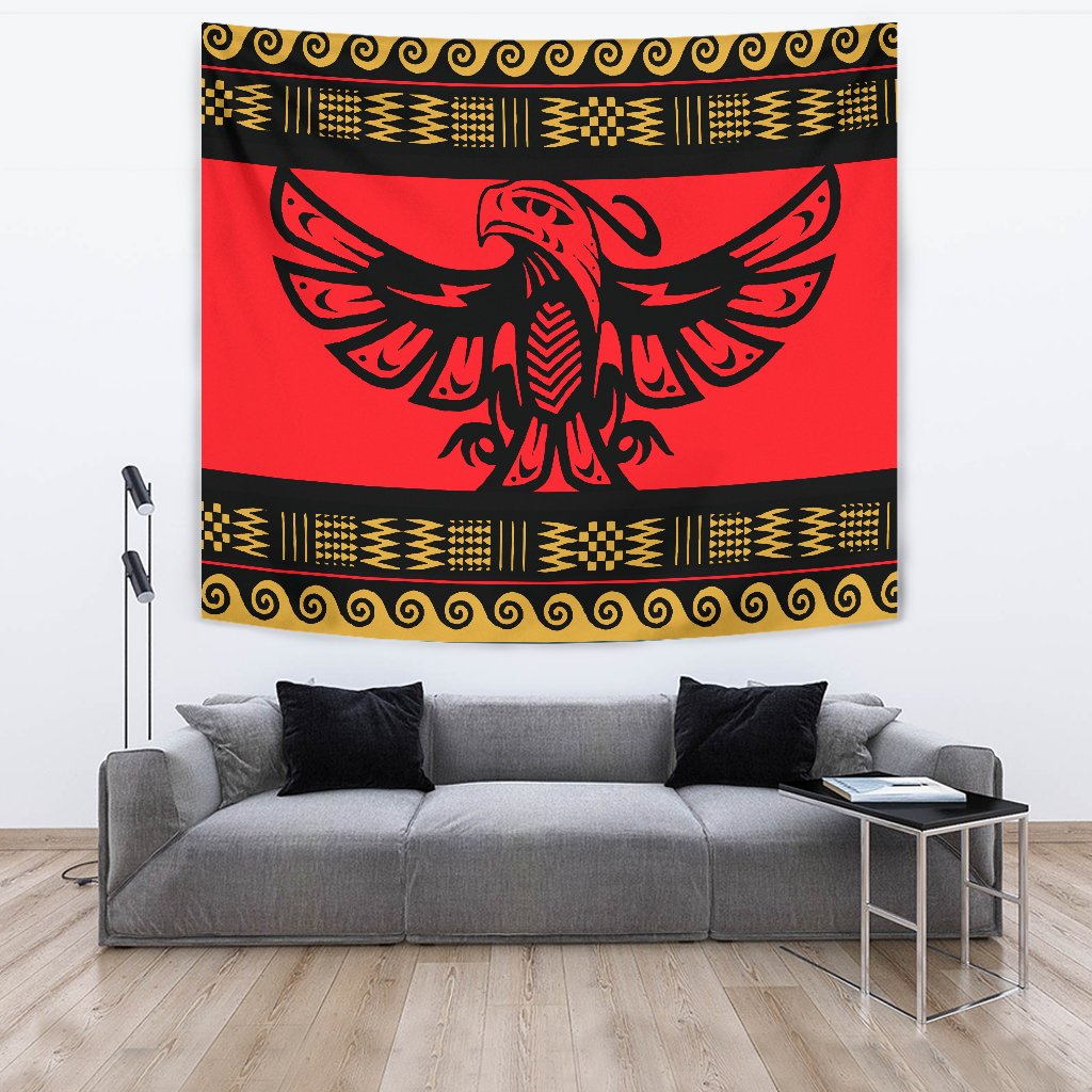 Eagle motif tapestry in red, black, and gold with patterned border, wall display