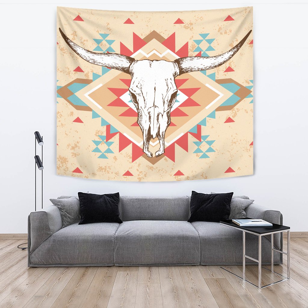 Cream bison-head tapestry with horns, red and teal geometric design on wall
