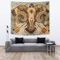 Owl wall hanging tapestry, central skull face with red-and-yellow accent medallion