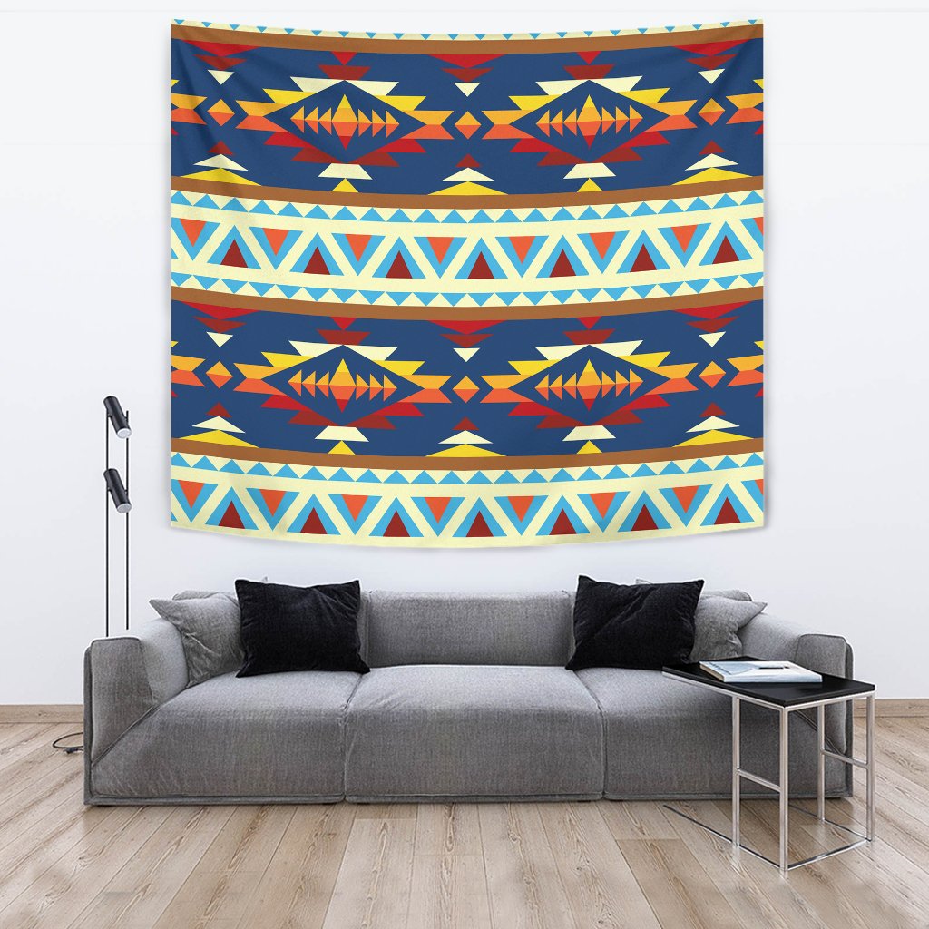 Multicolor Native American geometric tapestry with banded zigzags and diamond medallions on blue