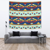 Multicolor Native American geometric tapestry with banded zigzags and diamond medallions on blue
