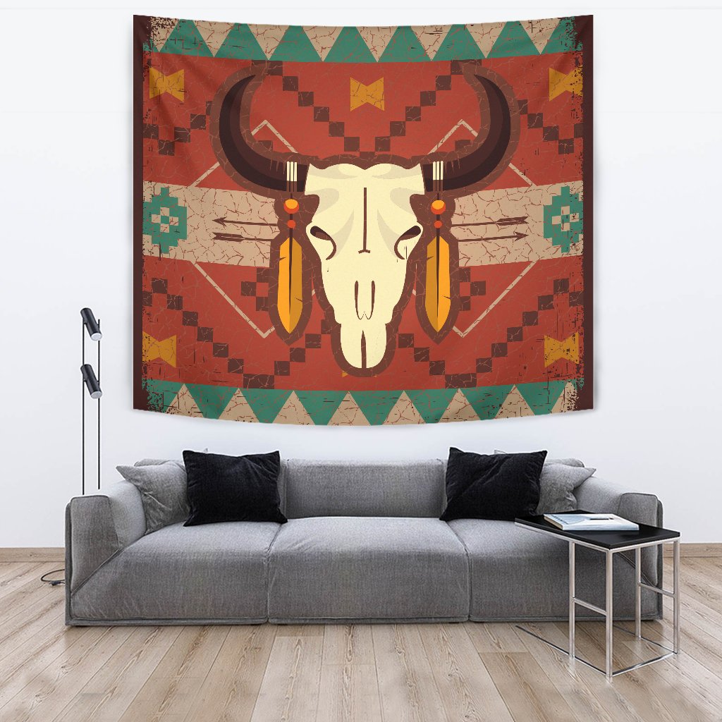 Multicolor bison head tapestry featuring red background, beige skull, green and yellow shapes