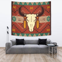 Multicolor bison head tapestry featuring red background, beige skull, green and yellow shapes