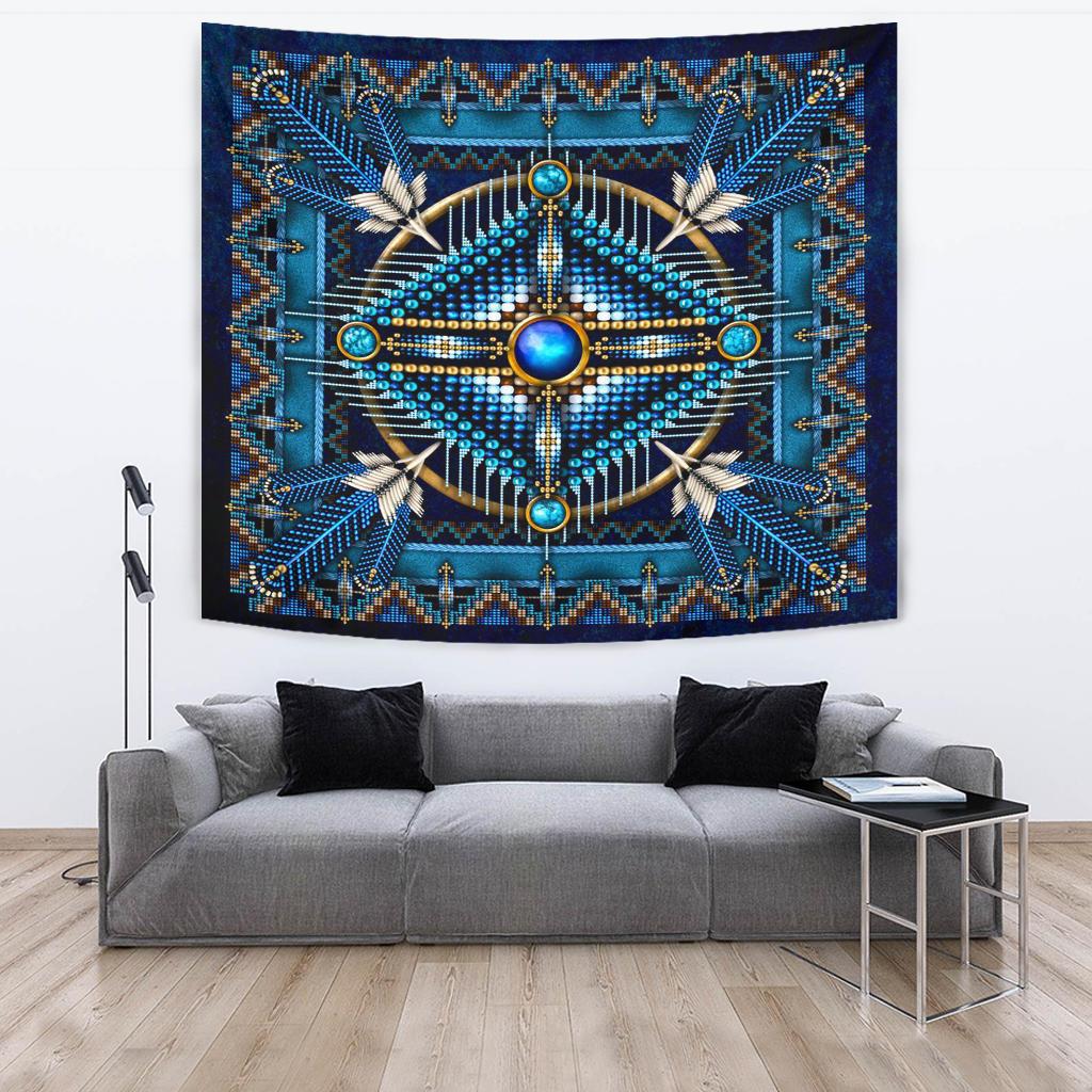 Blue Native American design tapestry with symmetrical emblem, concentric lines, and gold accents