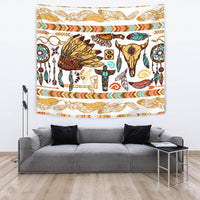 Multicolor Native American tapestry with feathers, dreamcatchers, and bull skull