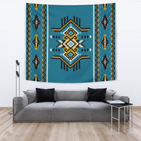 Teal blue tapestry with geometric cross motif and vertical tribal-pattern border panels