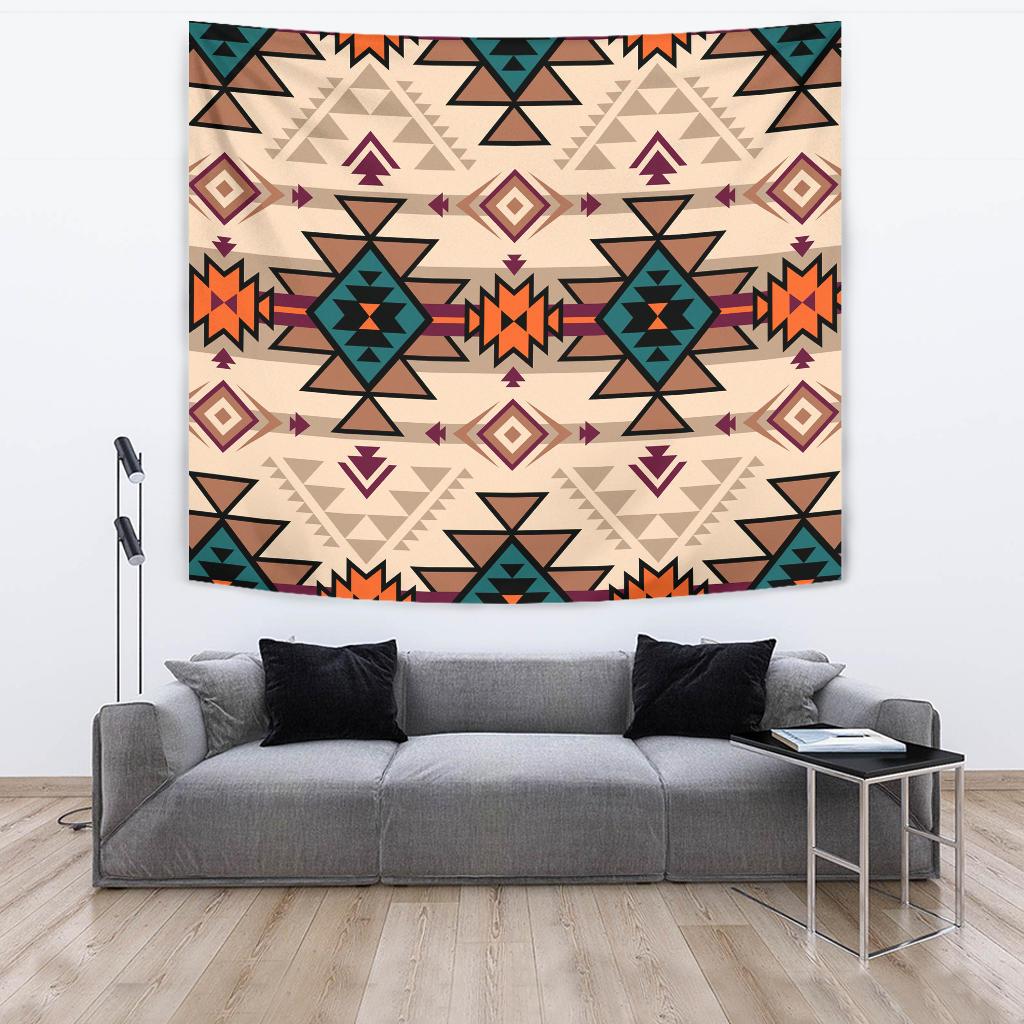 Square wall tapestry with Native-inspired geometric icons in teal, orange, purple, and cream