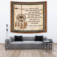 Native American tapestry framed in brown and blue geometric border, dreamcatcher quote