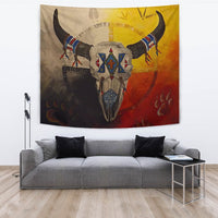 Medicine wheels tapestry flag featuring buffalo head illustration, multicolor