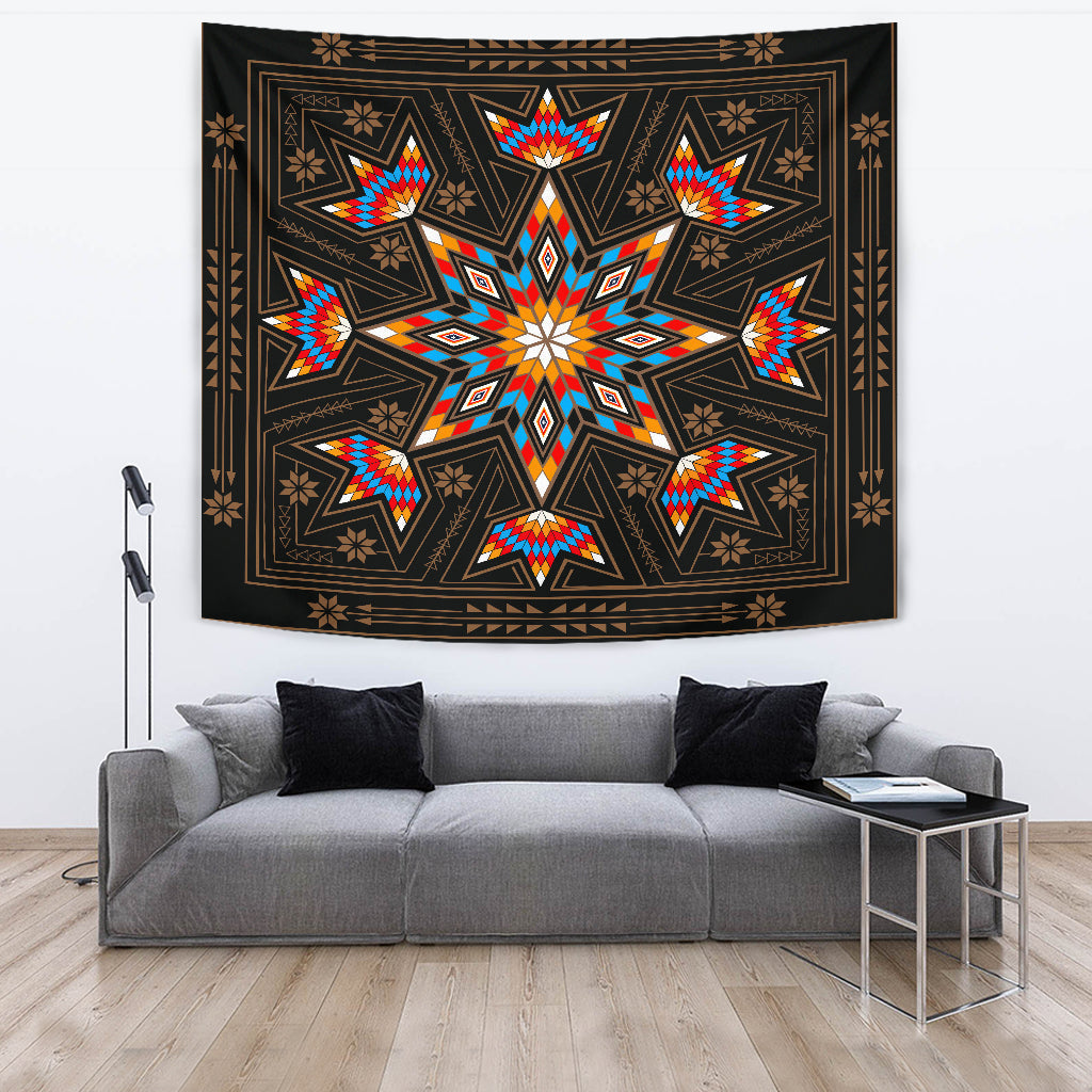 Black tapestry wall hanging with multicolor starburst center and thin geometric frame