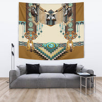 Brown tapestry breastplate with turquoise geometric borders, center pendant, and tassels