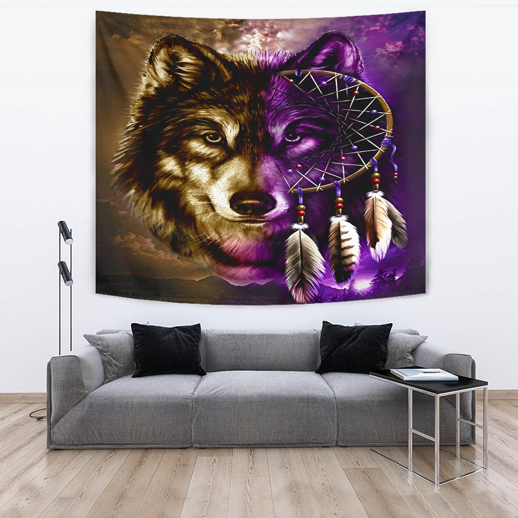 Wolf face dreamcatcher tapestry with purple circular webbing and multicolor bead accents