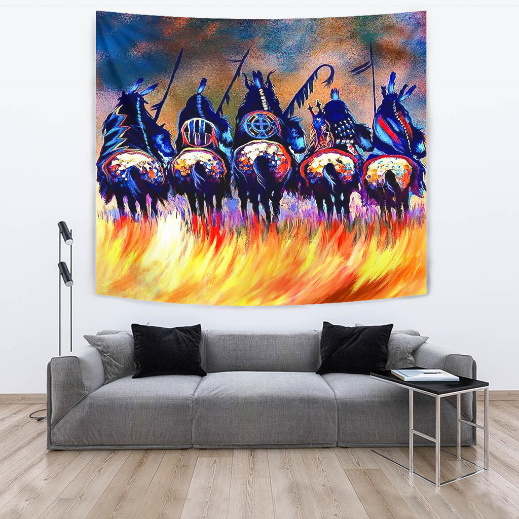 Five-warrior tapestry artwork in blue and multicolor, with orange flame field