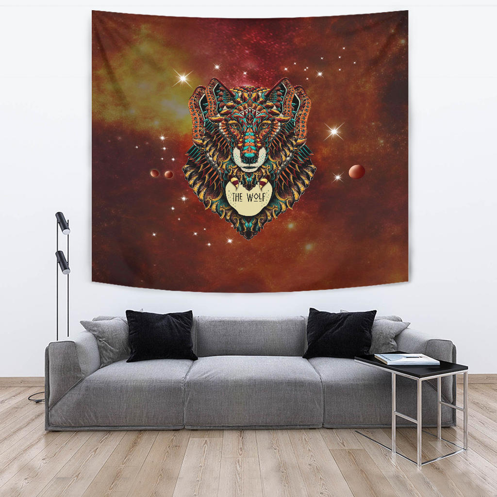 Centered multicolor wolf head tapestry with decorative ears and celestial dots pattern.